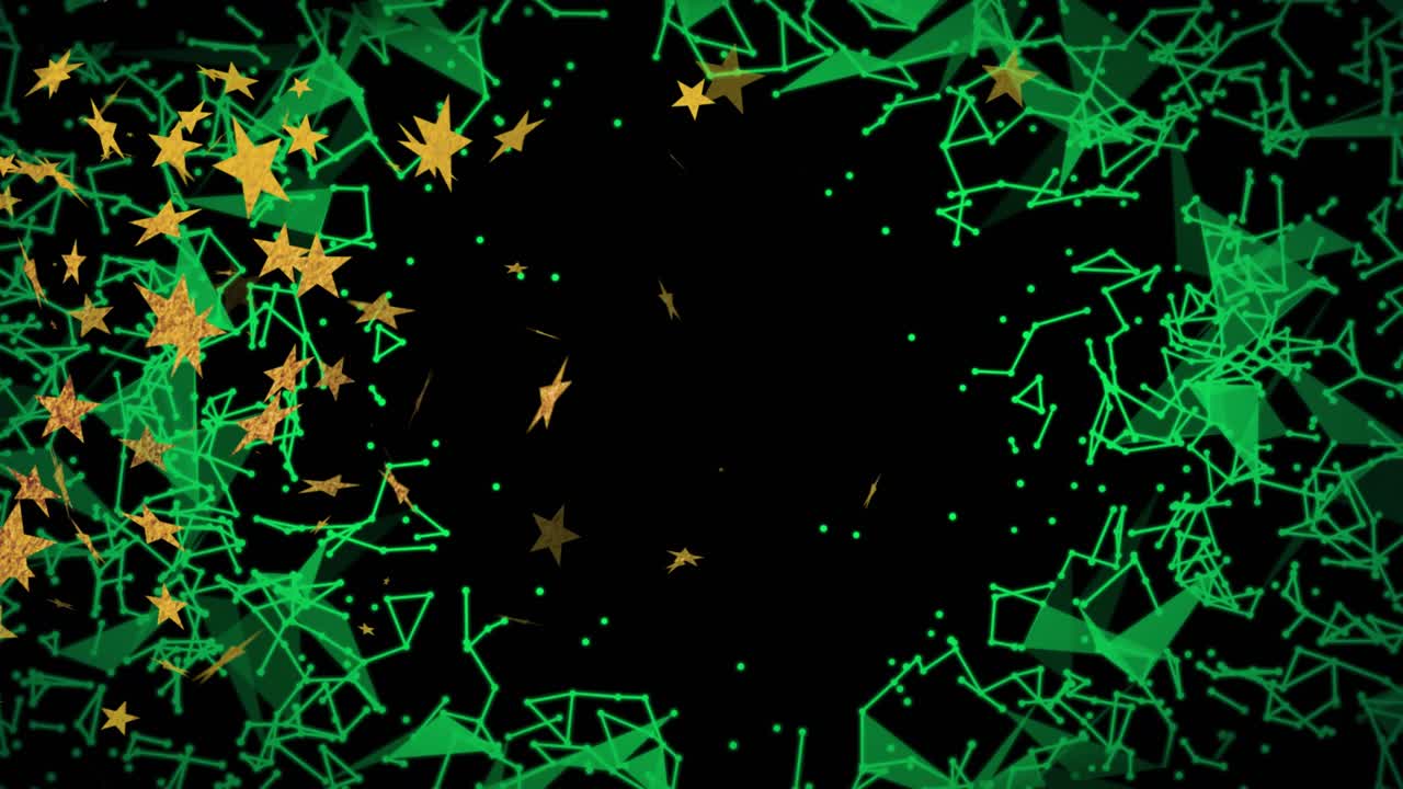 Black screen spawning gold stars swirling while green mesh pulsating and receding to restore void