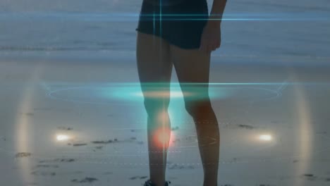 Animation-of-light-spots-over-caucasian-woman-at-beach