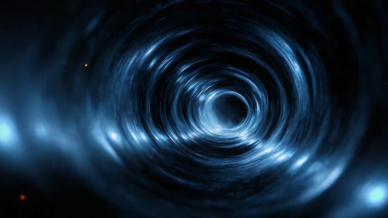 An Enigmatic Journey Through a Hypnotic Blue Tunnel: Exploring the Depths of Light and Space in an Infinite, Swirling Motion of Energy and Mystery