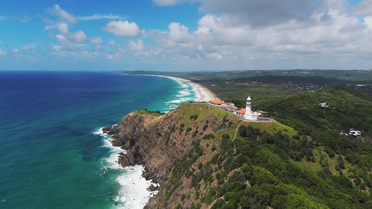 Aerial view of the Cape Byron Lighthouse at Byron Bay in Australia.
