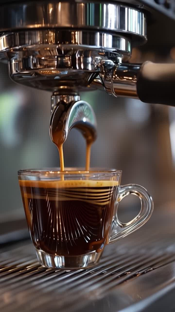 Un getto di caffè espresso erogato da una macchina da caffè in una tazza trasparente, che mostra una ricca crema e caffè scuro che si miscela con il vapore sullo sfondo.
