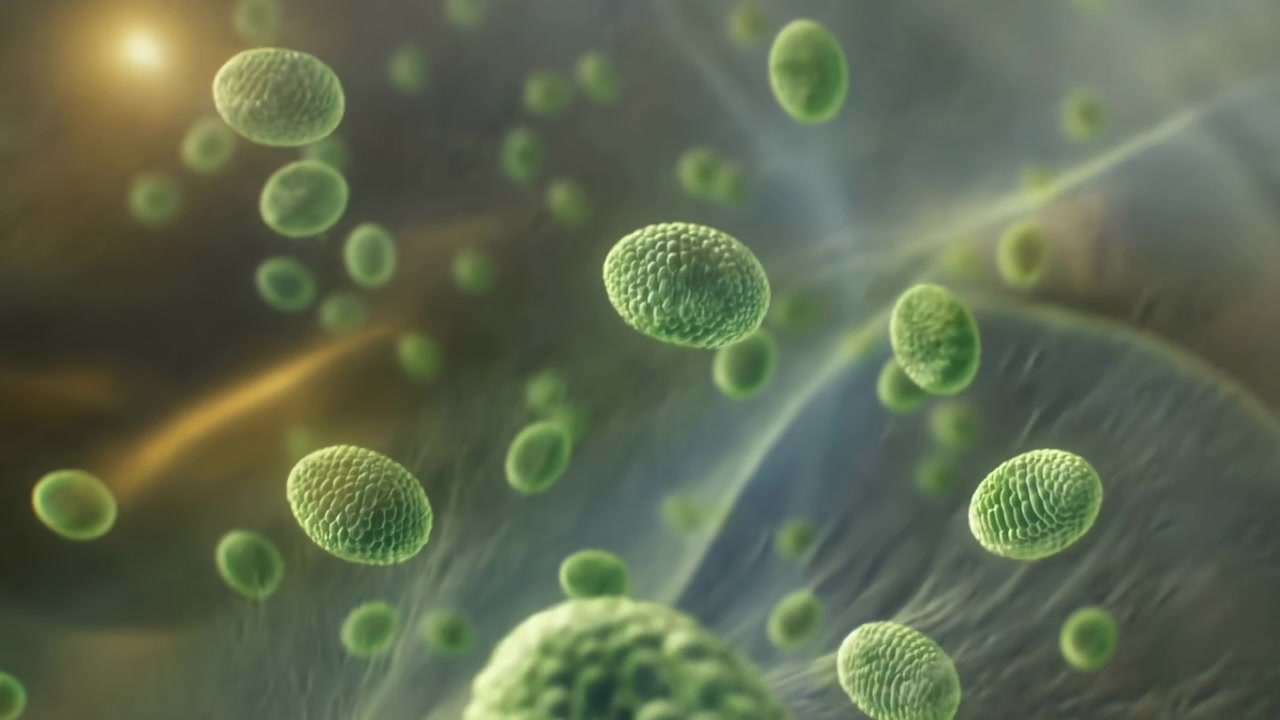 Vista ravvicinata di particelle verdi traslucide simili a cellule sospese in un ambiente liquido che emette una luce soffusa, con uno sfondo organico sfocato e un medico