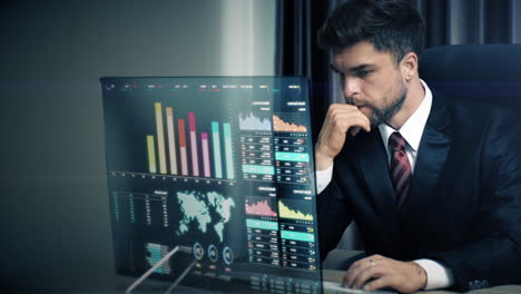 A-businessman-analyzing-stock-market,-crypto-trading,-info-graphic-with-animated-graphs,-charts-and-data-numbers-insight-on-a-transparent-monitor-display-screen