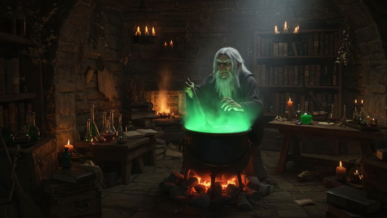 Ancient Sage Brewing Potent Elixir in a Mysterious Alchemist's Lab, Surrounded by Enchanted Ingredients and Flickering Candles in a Dark Stone Chamber