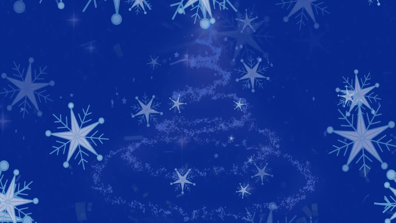 크리스마스 트리를 형성하는 성 위에 떨어지는 눈송이와 콘페티의 애니메이션