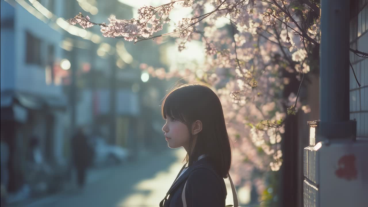 Backlit female student standing under blooming cherry blossoms, experiencing peaceful springtime moment in Japanese urban landscape during golden hour