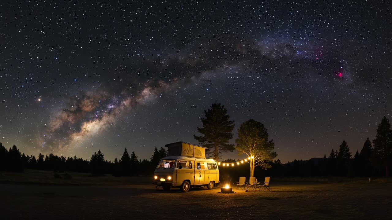 A Serene Night Under the Stars: Camping with a Vintage Van Amidst the Milky Way and a Cozy Campfire Experience