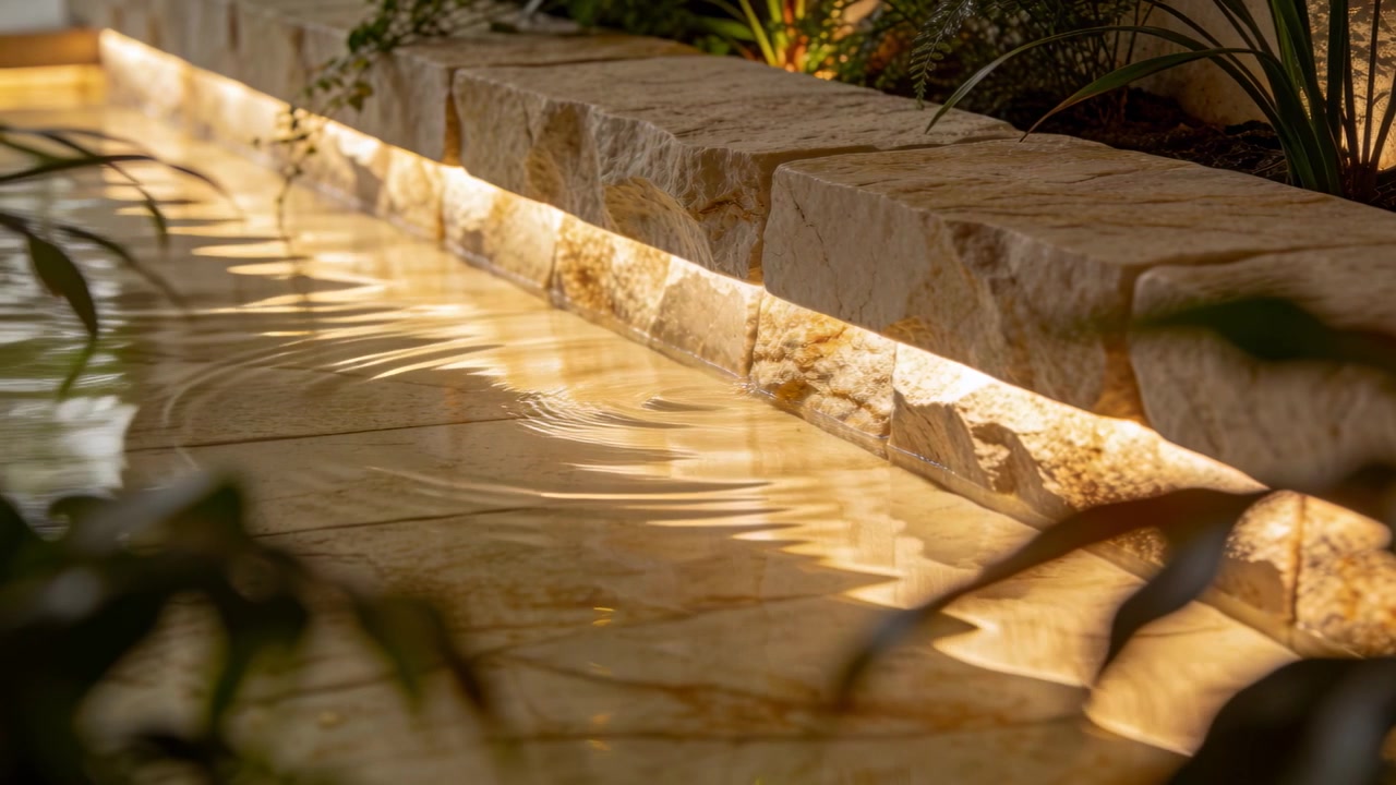 Un pulso que se propaga desde la izquierda en una piscina poco profunda, creando ondas en el patio, reflejando la cálida luz de un saliente y resultando calmante.