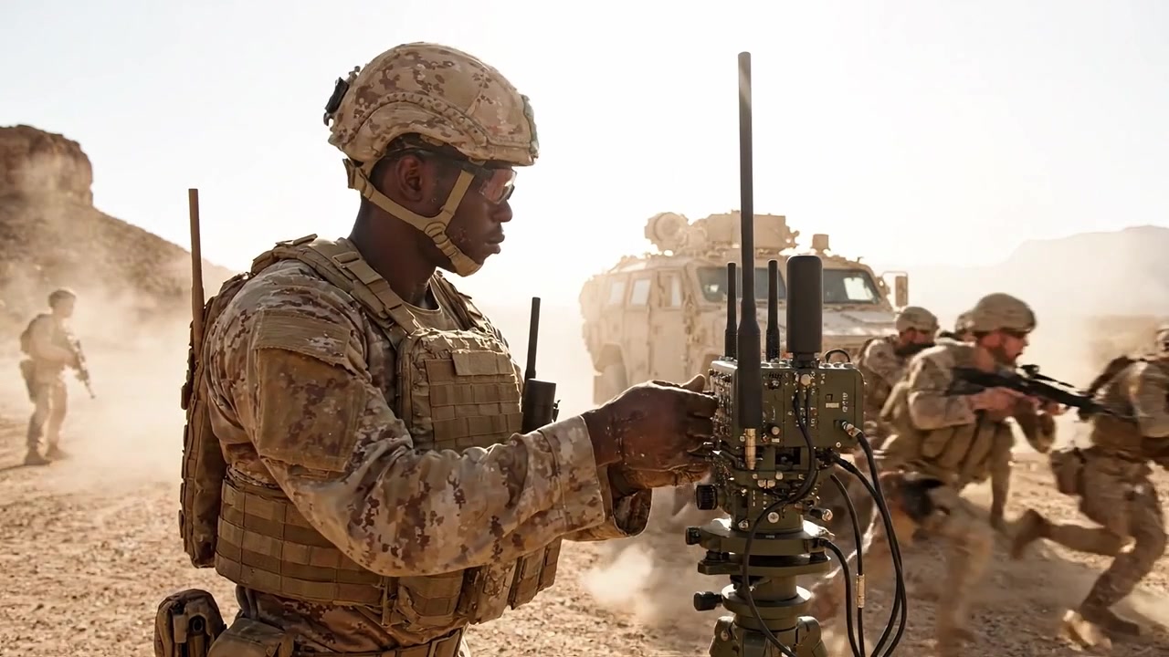 Operazioni di Comunicazione Militare in Terreno Difficile: Soldati Impegnati in Manovre Tattiche e Allestimento dell'Equipaggiamento in un Ambiente Polveroso e un Paesaggio Arido