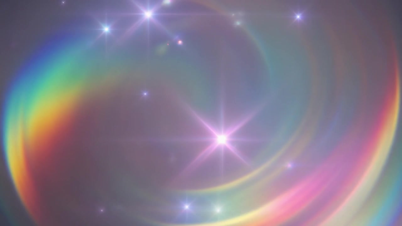回転する虹色のレンズフレアと輝く星がある抽象的なモーション背景
