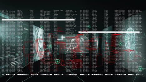 Animation-of-data-processing-over-screens-with-graphs,-networks-and-dna-on-black-background