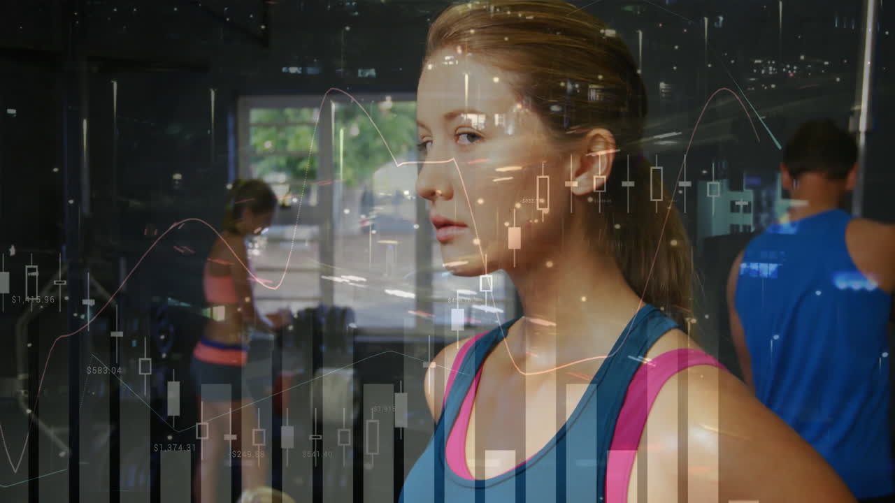 Female athlete standing near dumbbells in weight room integrating finance chart overlays