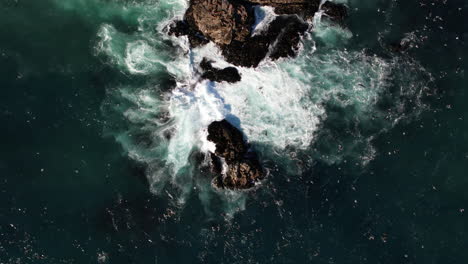 antena de arriba hacia abajo sobre las olas rompiendo sobre rocas en matanzas, chile