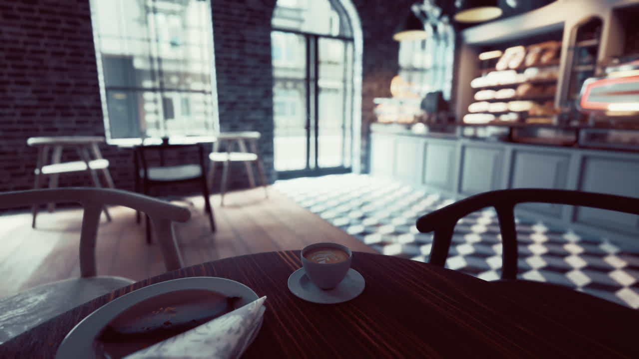 테이블 위에 커피 한 잔을 가진 쾌적한 카페