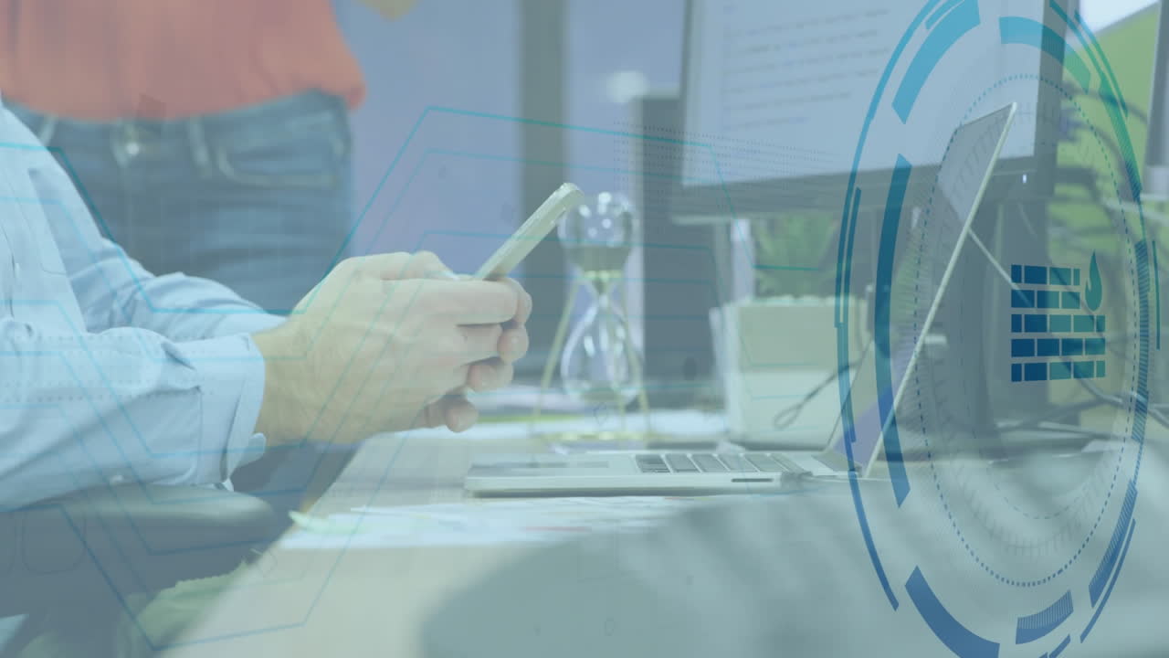 사무실에서 스마트폰을 사용하는 백인 사업가에 대한 스 스캔 애니메이션