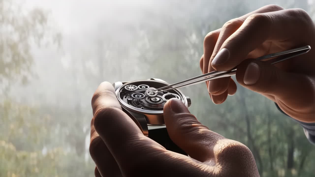 Orologiaio che assembla abilmente intricati ingranaggi di orologi con pinzette