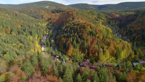 Toma-Aérea-De-Establecimiento-Del-Hermoso-Pueblo-Escondido-En-El-Bosque-De-Montaña-En-Otoño