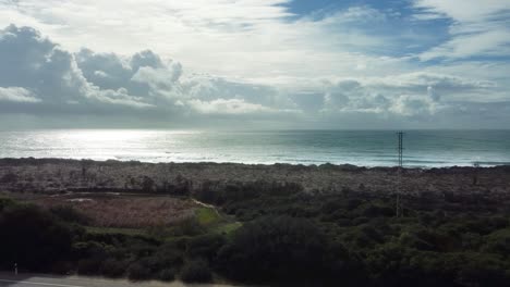 Bushy-green-coastline-with-power-lines-and-endless-ocean,-aerial-view