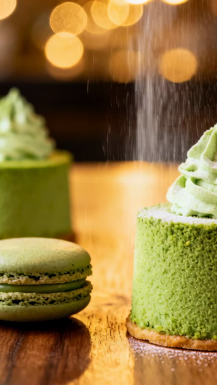 Vertical video: Dusting sifter showering green macaron and mini cake on wood table with fine powder