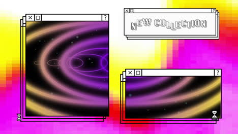 animation of digital interface with new collection text and purple shapes on colourful background
