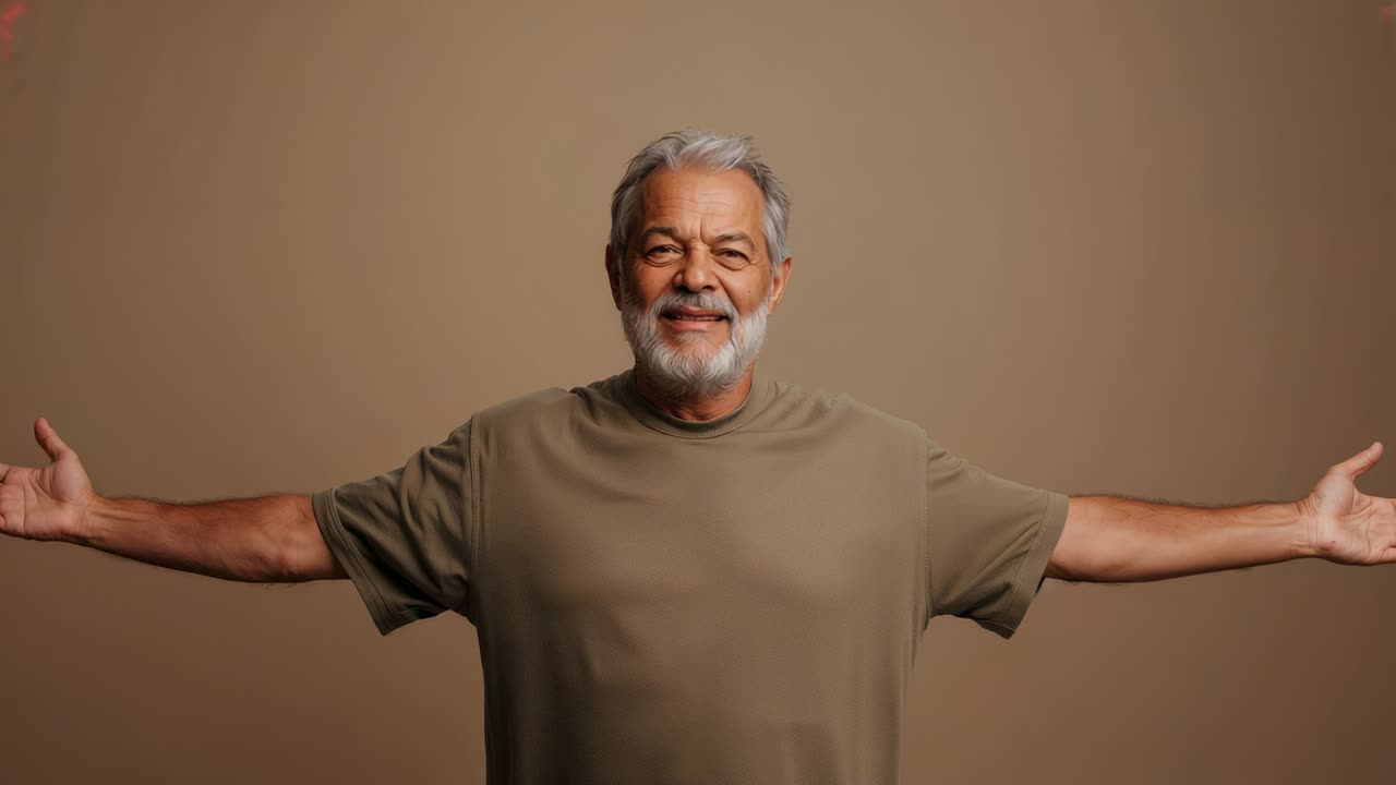 Posing with arms extended, senior man lowering arms to sides in studio, beige backdrop, olive tee