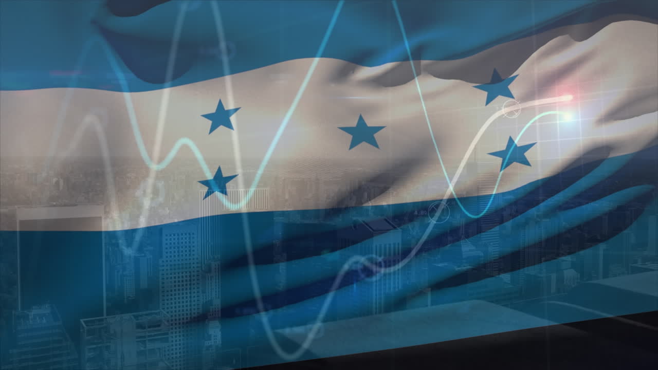 animación del procesamiento de datos y la ciudad sobre la bandera de honduras