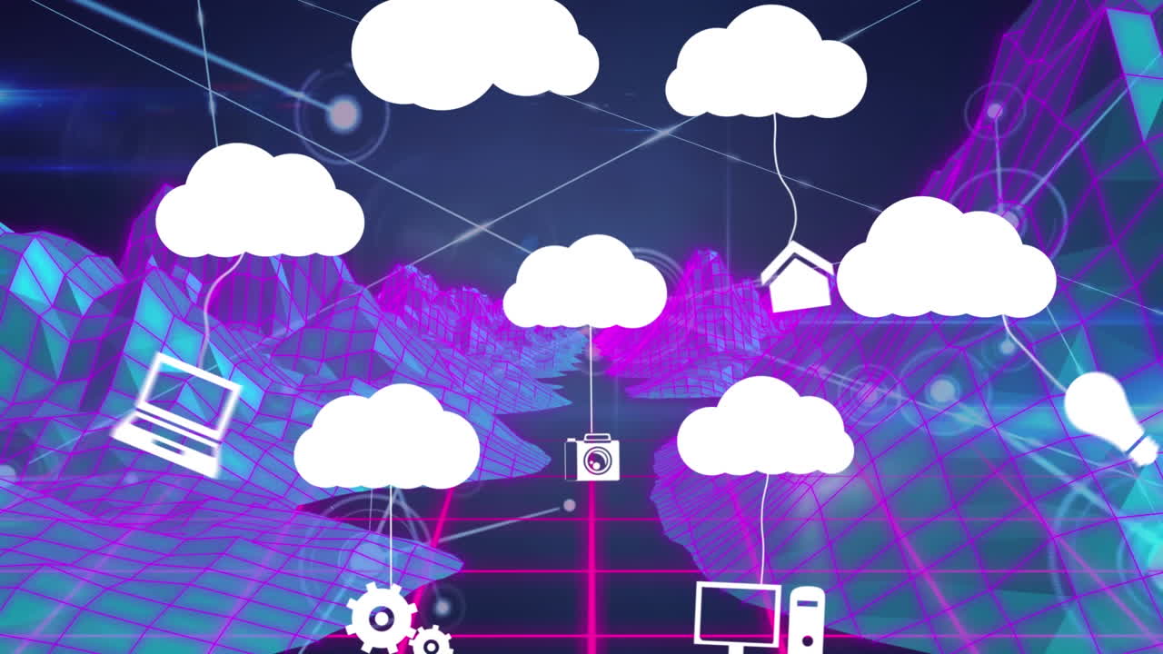 Digital animation of multiple cloud icons over 3d mountains structures and network of connections