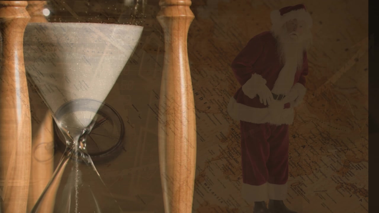 Animation of hourglass over compass with santa claus and world map