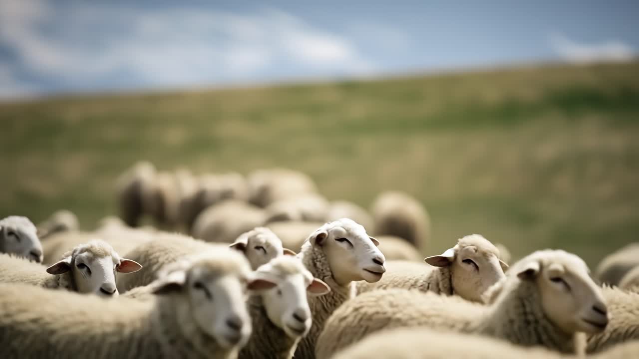 Senior shepherd walking through a lush green pasture, skillfully herding a large flock of sheep under the bright sun, embodying the essence of rural life and traditional farming practices