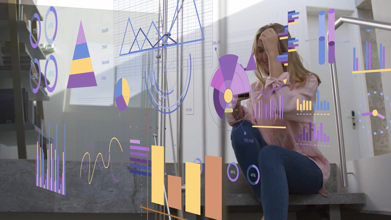 Woman sitting stair with phone, tapping and activating AR charts animating around her for analytics