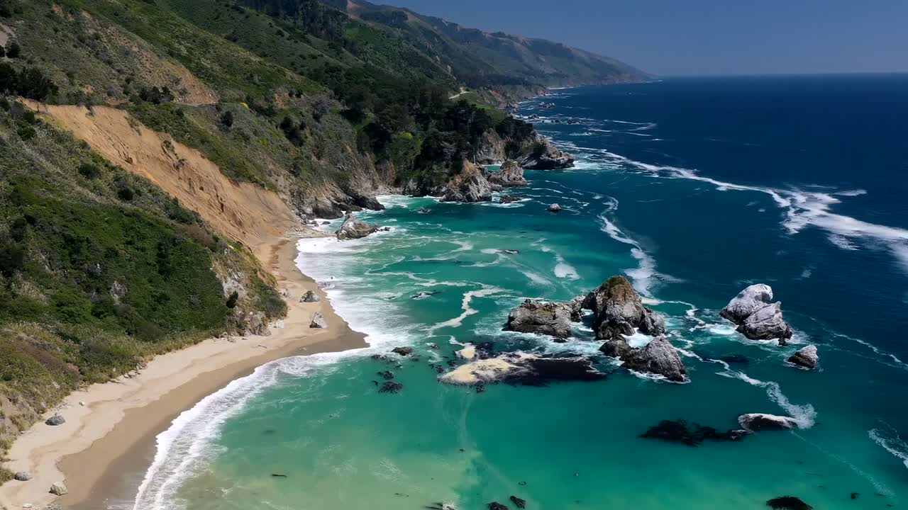 Scenic View Of Turquoise Water At Big Sur In Central Coast Of California, United States. Timelapse