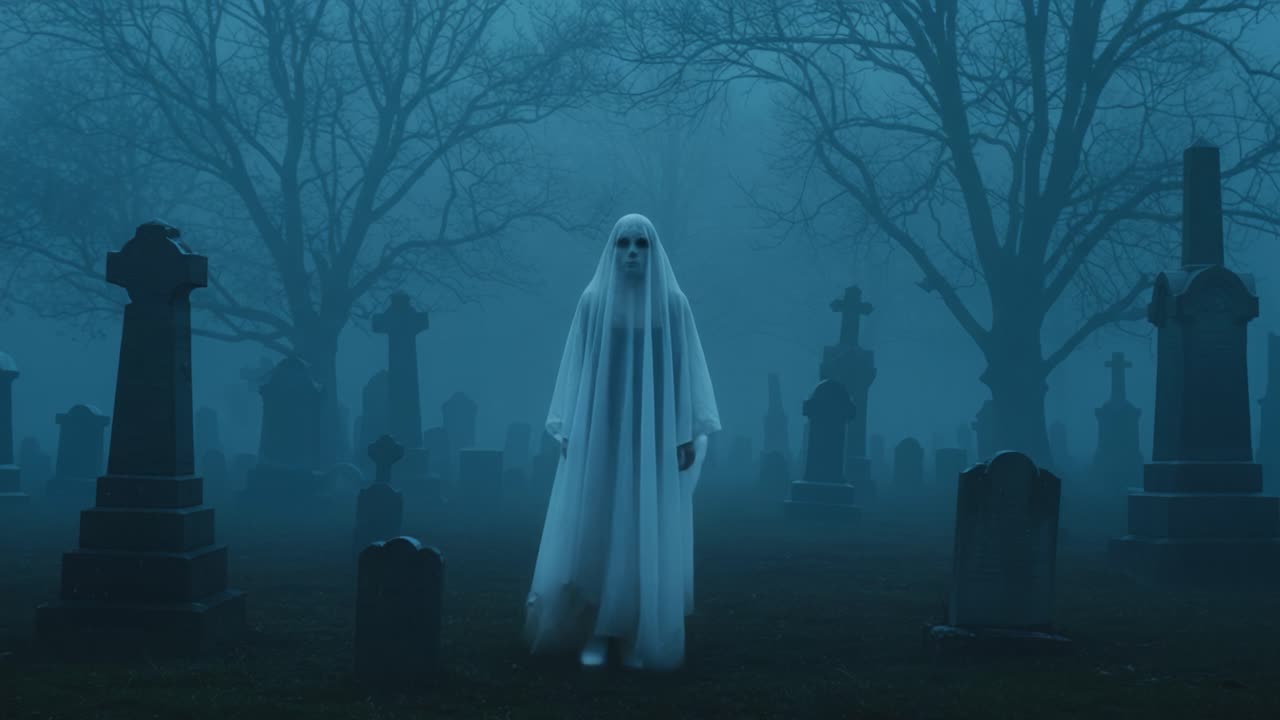 A Haunting Presence Emerges in the Mist: Exploring the Eerie Atmosphere of a Ghostly Figure in a Fog-Drenched Graveyard at Dusk