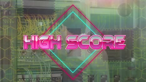 Animation-of-high-score-text-over-neon-lines-and-computer-circuit-board