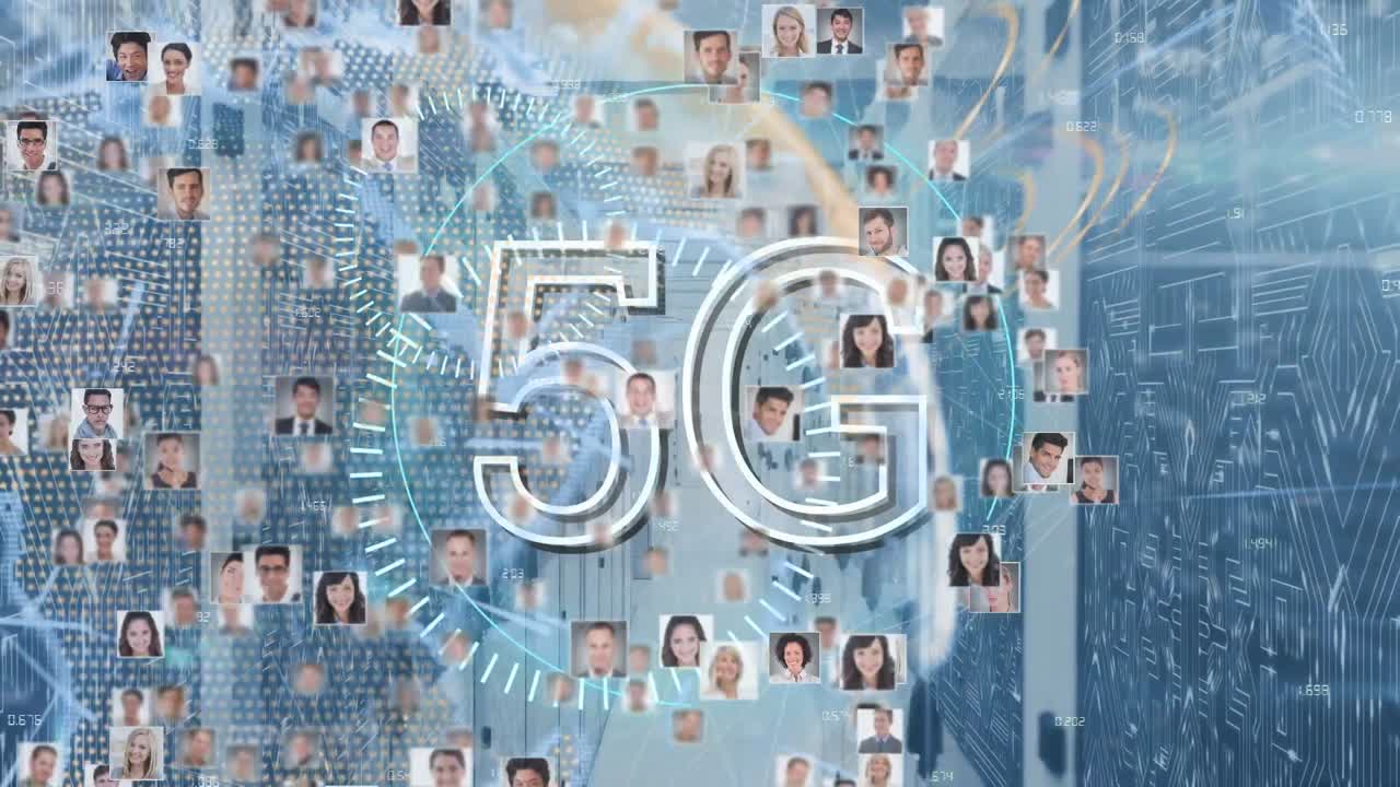 animazione di testo 5g con scansione di portata e ritratti di persone diverse sulla sala server