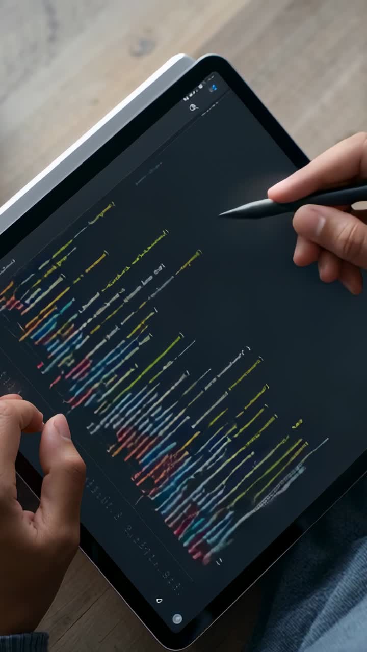 Vertical video: Hovering stylus starting right hand reviewing code on tablet on lap with jeans