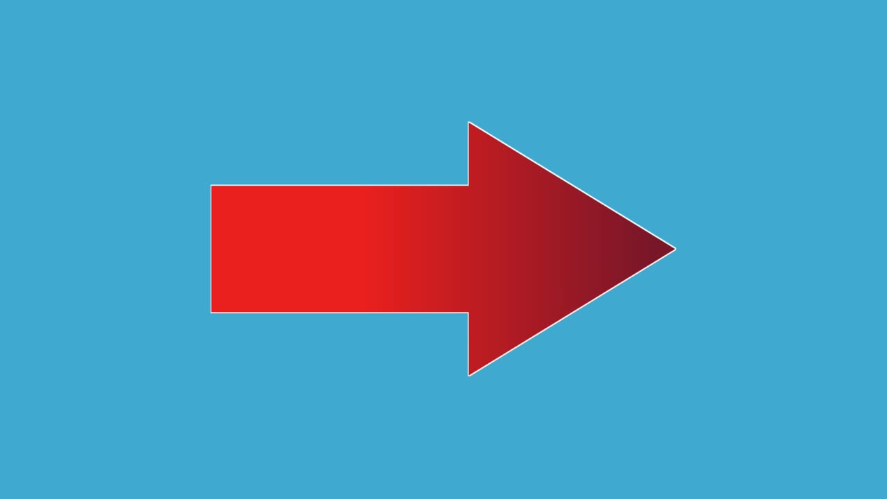 la flecha derecha símbolo de señal de animación en el fondo de la pantalla azul, color rojo flecha de dibujos animados apuntando al lado derecho elementos de superposición de imagen de video animada 4k