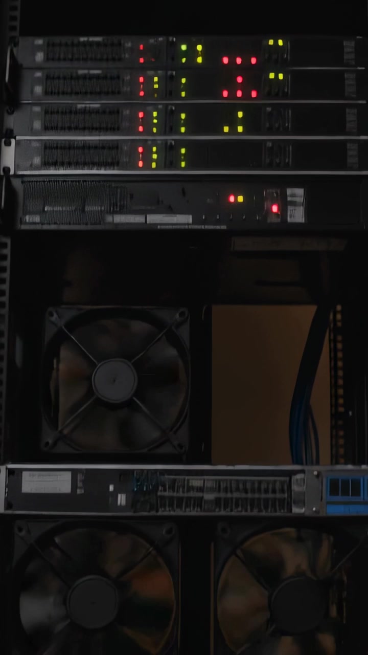 Vertikales Video: Beginnende Kamerafahrt nach unten enthüllt Rack, LEDs, Lüfter und blaue Kabel zur Überprüfung im Schrank.