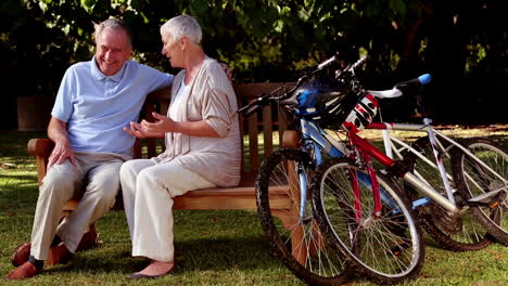 Pareja-Madura-Hablando-Juntos-En-Un-Parque-Junto-A-Bicicletas-De-Montaña