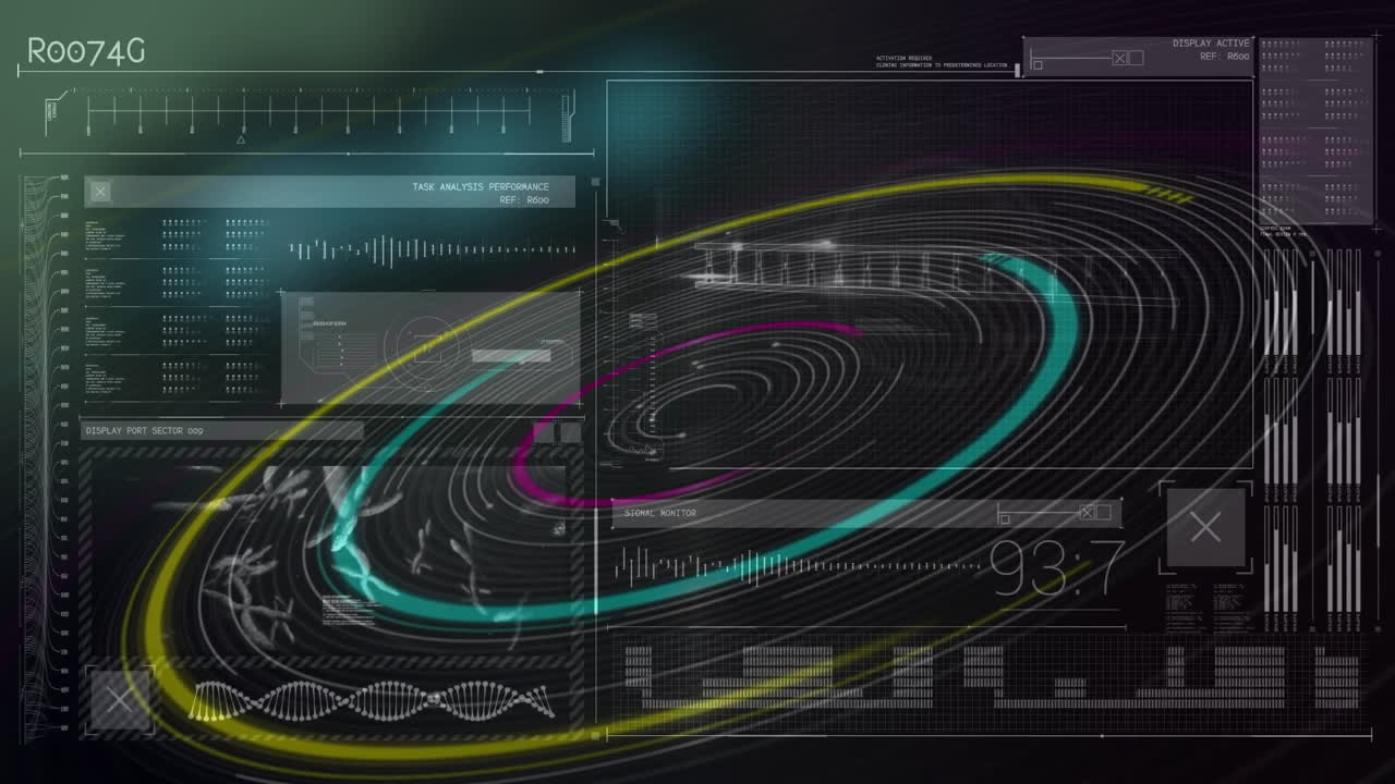 Animation of colorful spirals and digital interface elements in futuristic style