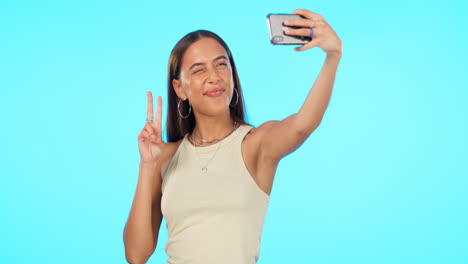 woman, selfie and peace sign with kiss face