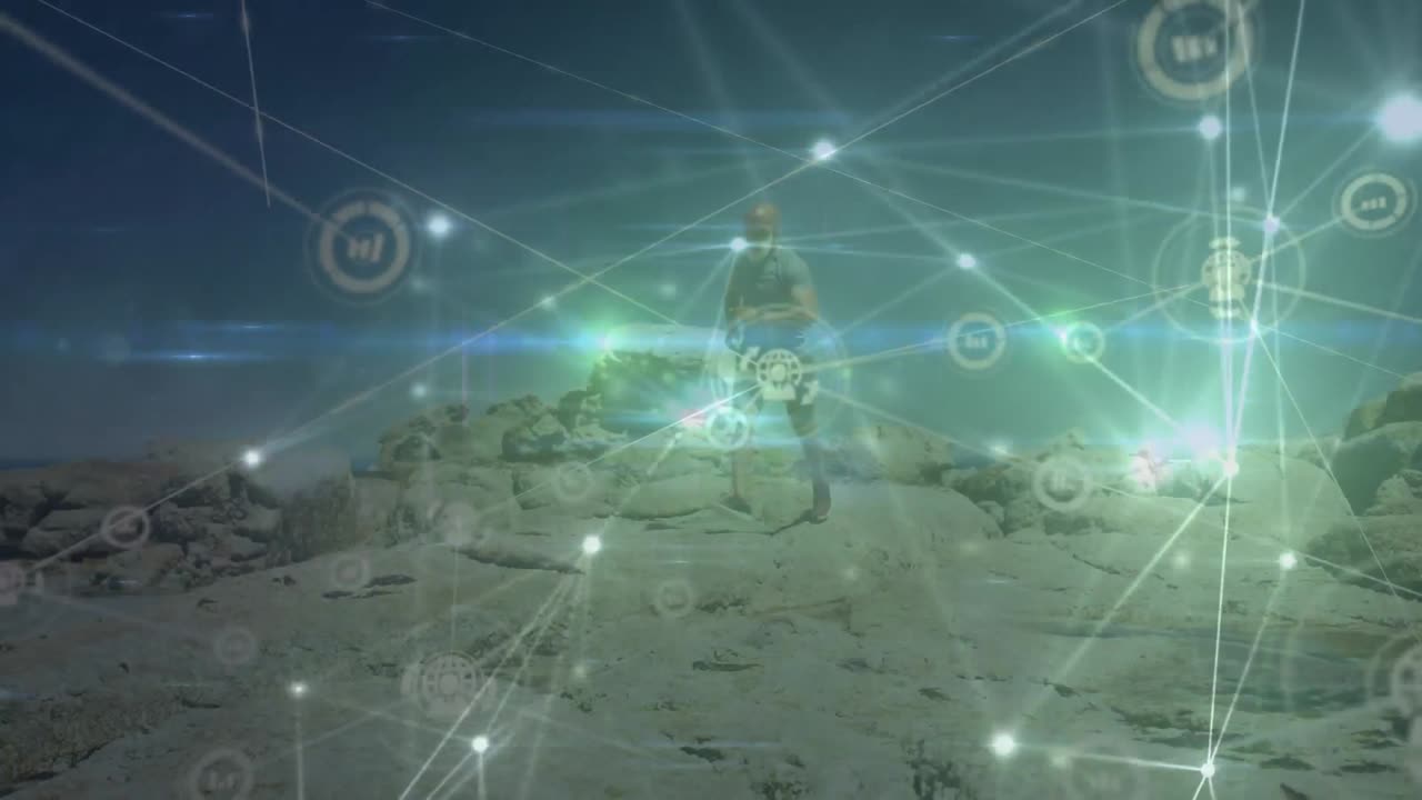 animación de una red de conexiones sobre un hombre afroamericano corriendo en la playa