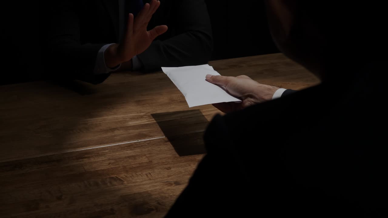 어두운 방에서 사업가가 의심스러운 거래에서 돈을 담은 봉투를 거부합니다.