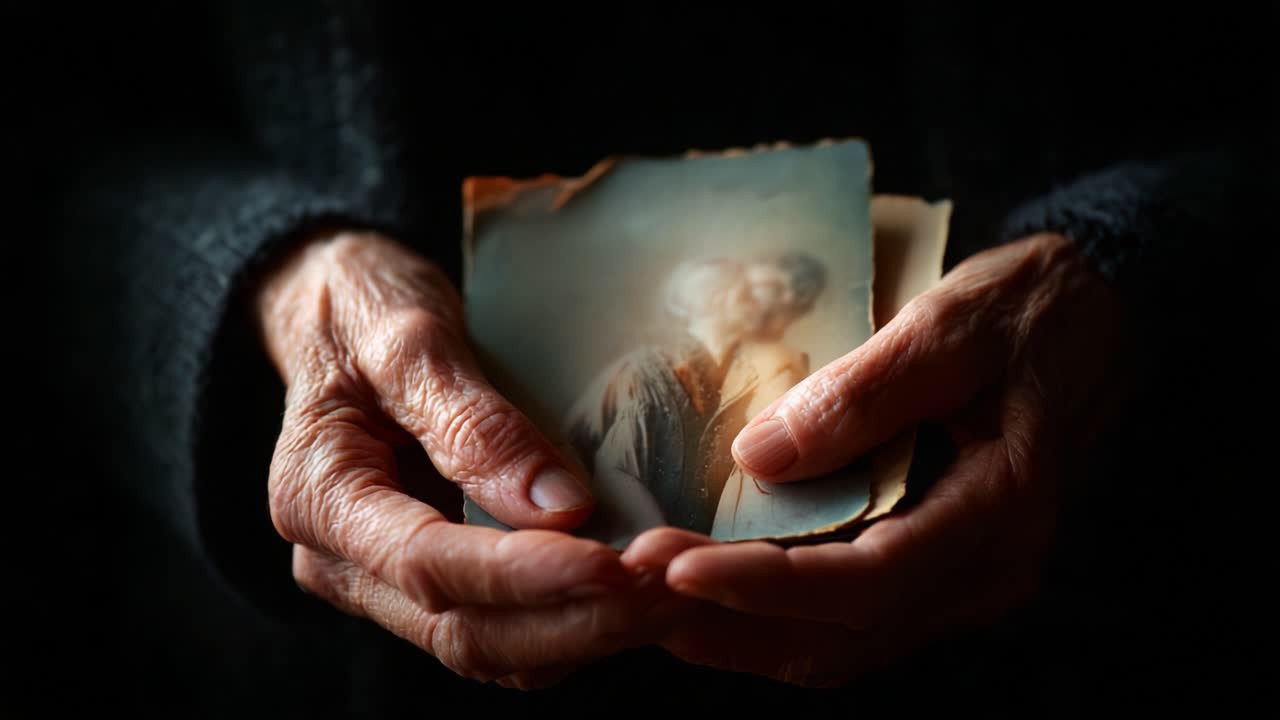 A Close-Up of Aging Hands Holding a Nostalgic Photograph, Capturing the Essence of Memory, Emotion, and the Passage of Time in a Beautifully Lit Scene