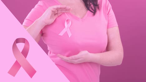 animation of pink breast cancer ribbon over caucasian woman