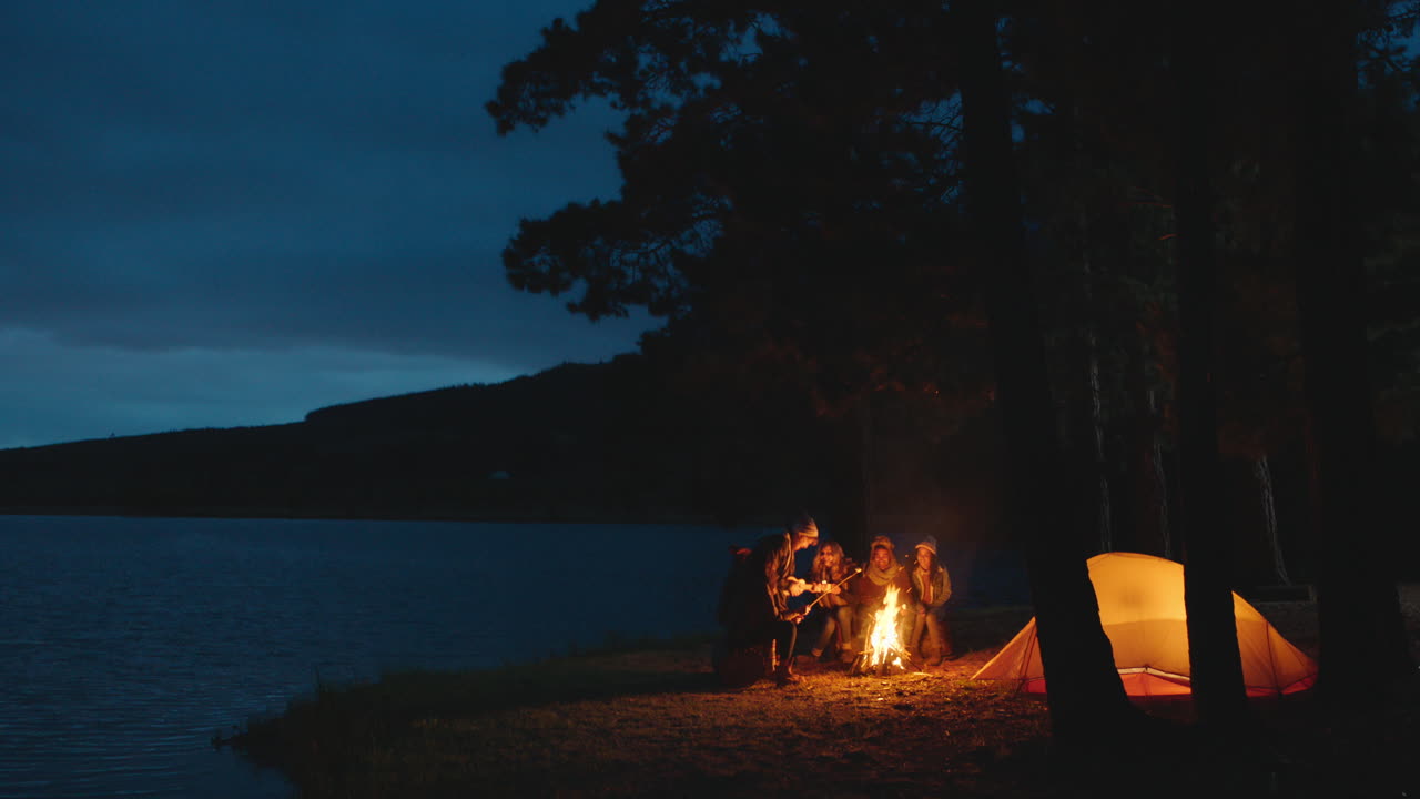 grupo de amigos sentados junto a una fogata asando malvaviscos acampando en el bosque junto al lago una noche charlando compartiendo calidez disfrutando de una aventura al aire libre 4k
