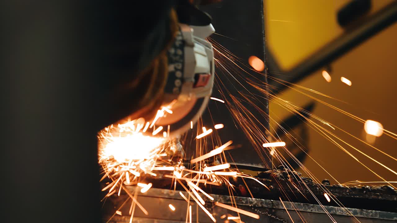 도구를 가진 노동자가 용접 접합을 청소합니다. 불꽃이 날아갑니다.