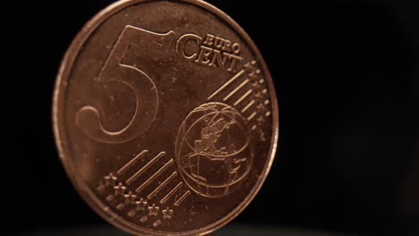 close-up of a 5 euro cent coin with a black background that is spinning