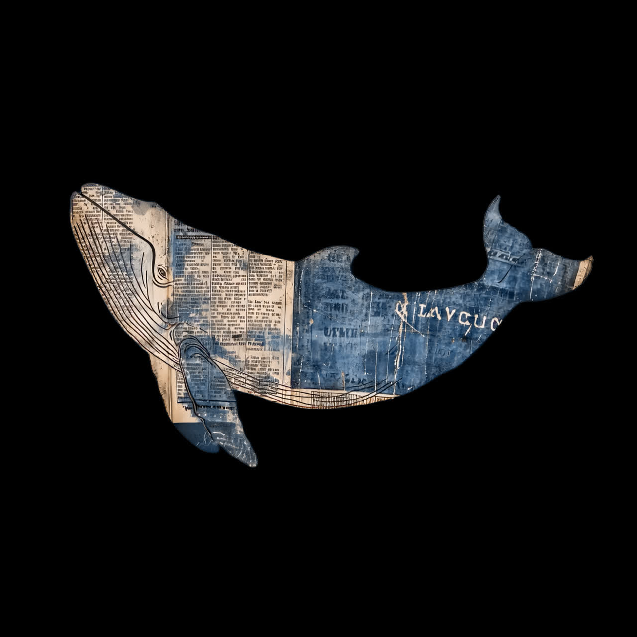 Vintage whale collage art animation isolated asset, transparent 4K video, alpha channel, ProRes 4444