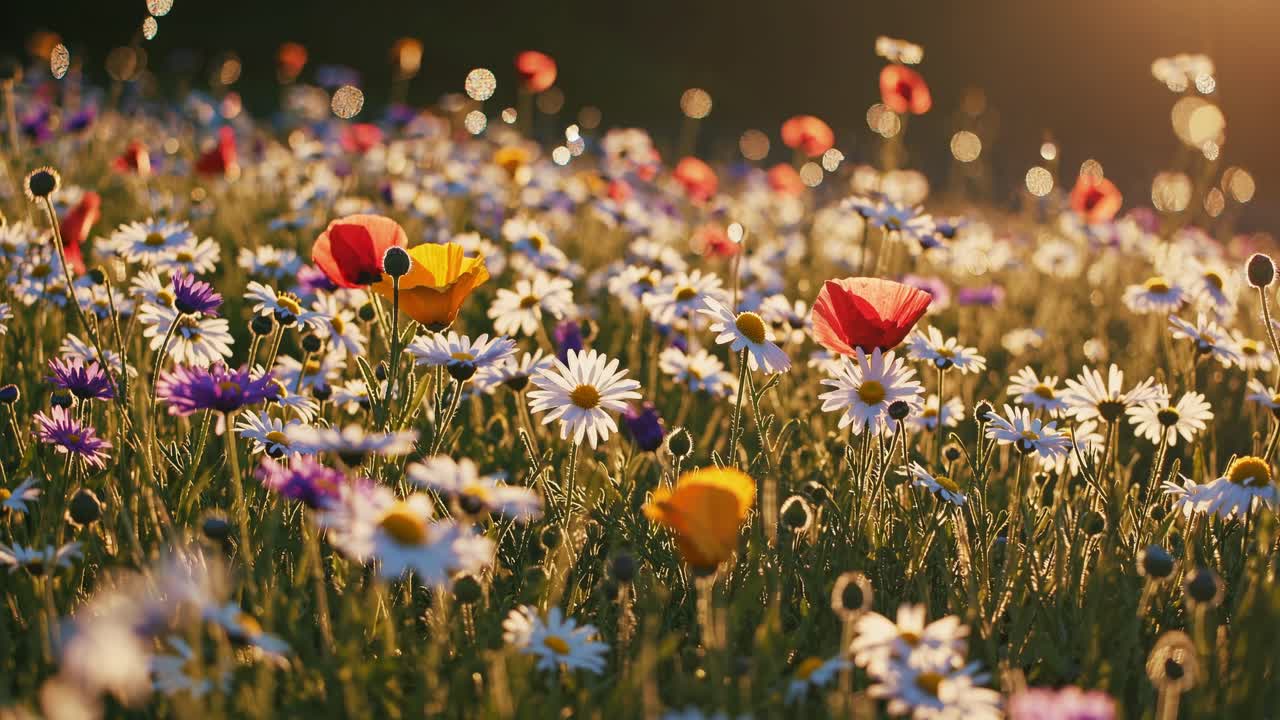 A dreamy, sunlit field of wildflowers captured at a low angle, creating a serene, cinematic video
