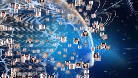 animation of profile pictures and lines around globe against numbers on blue background